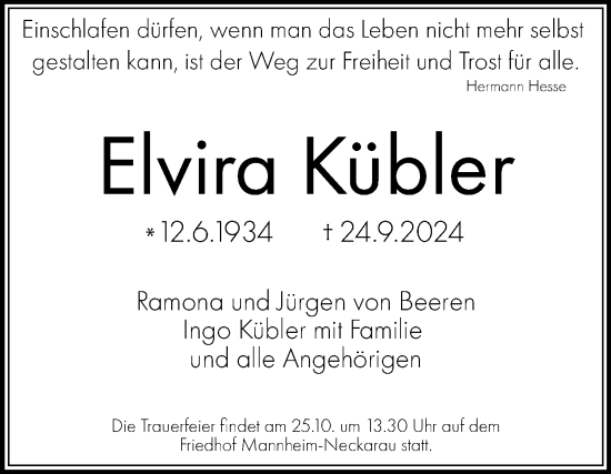 Traueranzeige von Elvira Kübler von Mannheimer Morgen