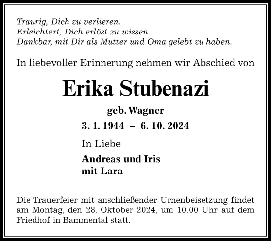 Traueranzeige von Erika Stubenazi von Schwetzinger Zeitung