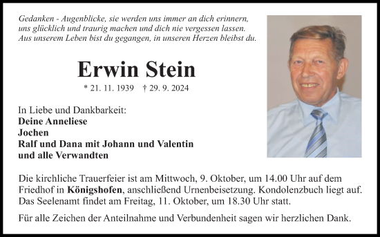 Traueranzeige von Erwin Stein von Fränkische Nachrichten