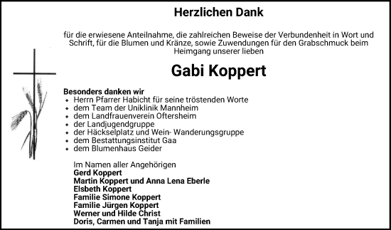 Traueranzeige von Gabi Koppert von Schwetzinger Zeitung