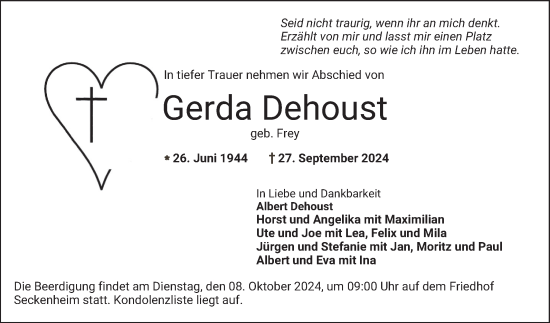 Traueranzeige von Gerda Dehoust von Mannheimer Morgen