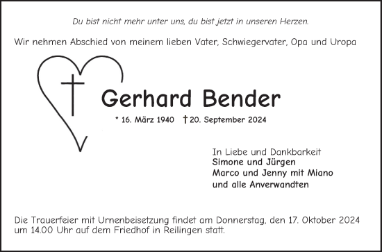 Traueranzeige von Gerhard Bender von Schwetzinger Zeitung