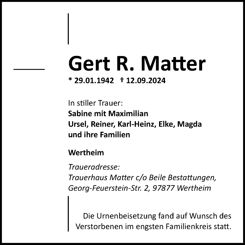  Traueranzeige für Gert Matter vom 05.10.2024 aus Fränkische Nachrichten