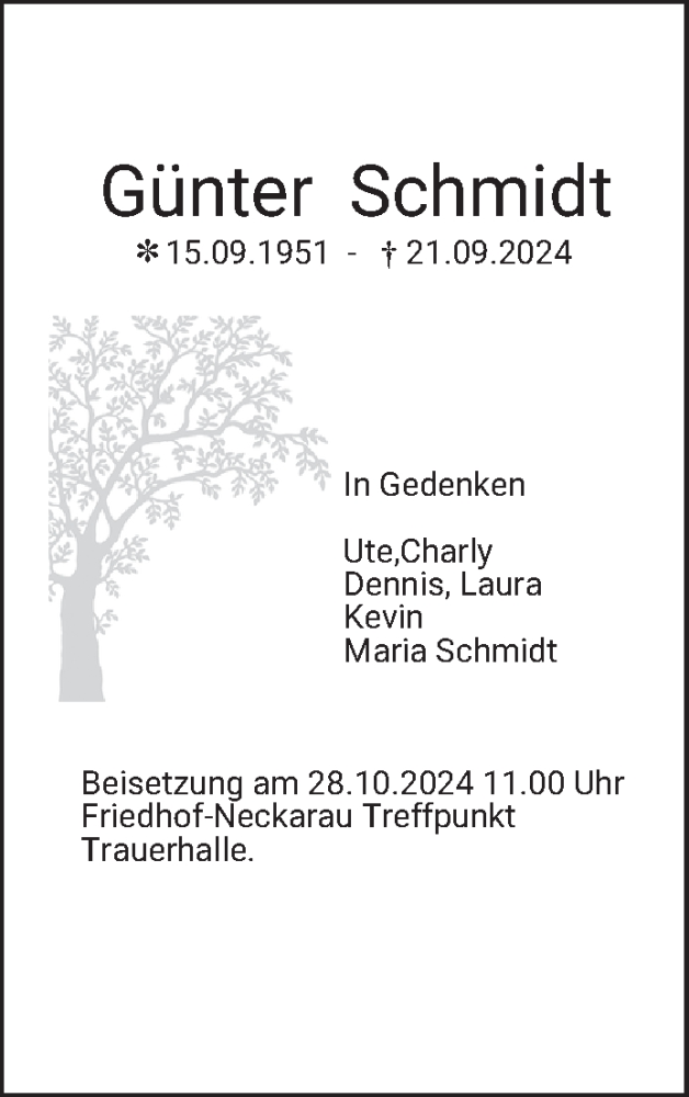  Traueranzeige für Günter Schmidt vom 24.10.2024 aus Mannheimer Morgen