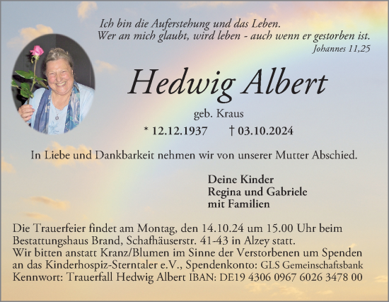 Traueranzeige von Hedwig Albert von Schwetzinger Zeitung