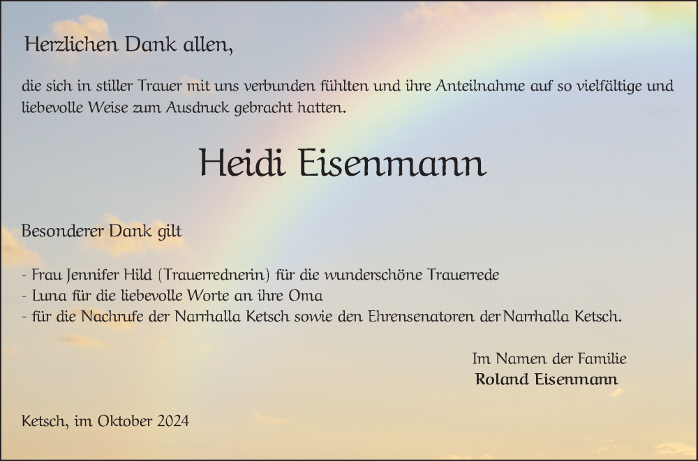  Traueranzeige für Heidi Eisenmann vom 05.10.2024 aus Schwetzinger Zeitung