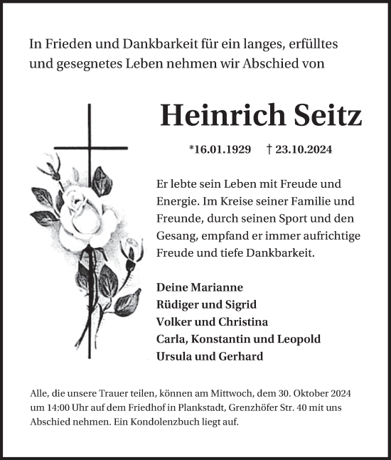 Traueranzeige von Heinrich Seitz von Schwetzinger Zeitung