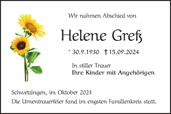 Traueranzeige von Helene Greß von Schwetzinger Zeitung