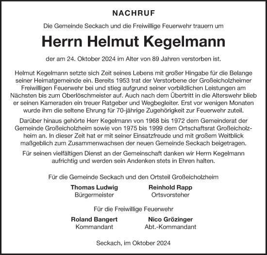 Traueranzeige von Helmut Kegelmann von Fränkische Nachrichten