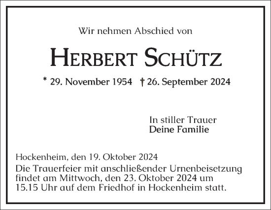 Traueranzeige von Herbert Schütz von Schwetzinger Zeitung