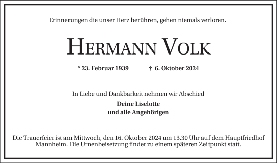 Traueranzeige von Hermann Volk von Mannheimer Morgen