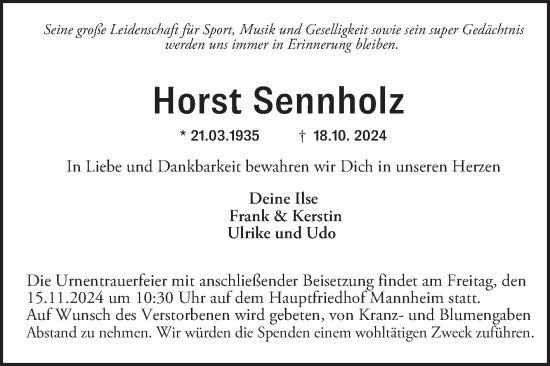 Traueranzeige von Horst Sennholz von Mannheimer Morgen