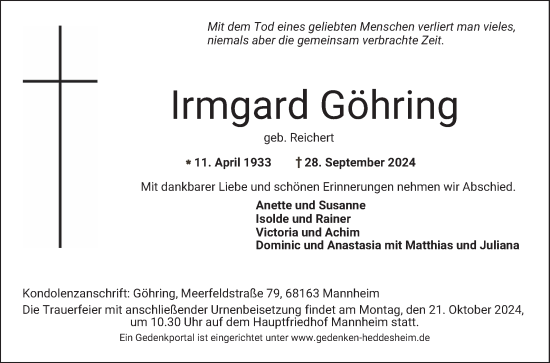 Traueranzeige von Irmgard Göhring von Mannheimer Morgen