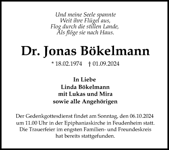 Traueranzeige von Jonas Bökelmann von Mannheimer Morgen