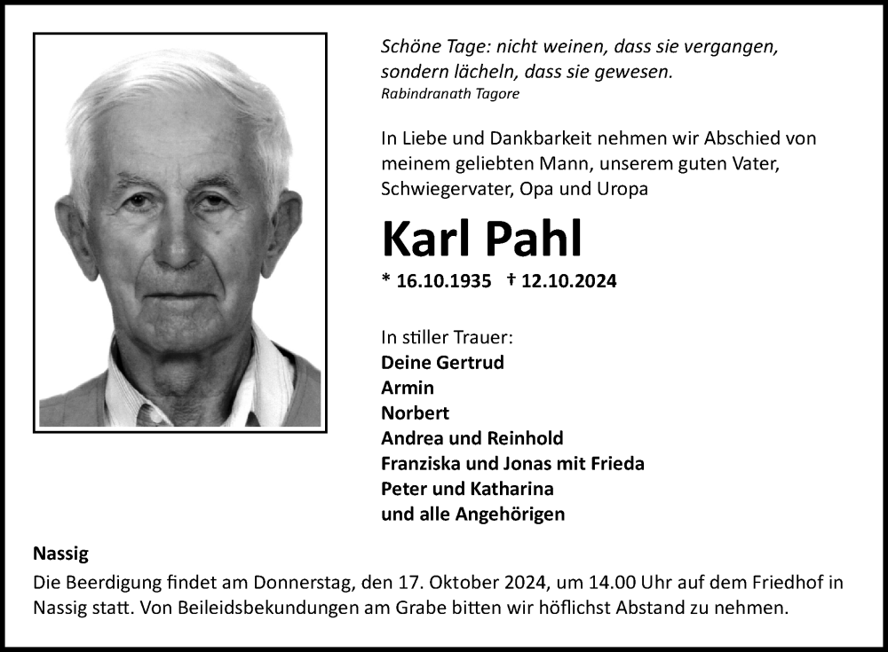  Traueranzeige für Karl Pahl vom 15.10.2024 aus Fränkische Nachrichten