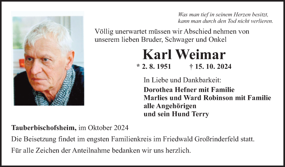  Traueranzeige für Karl Weimar vom 19.10.2024 aus Fränkische Nachrichten