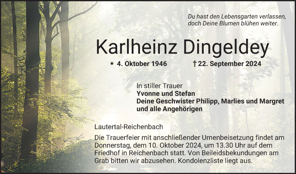  Traueranzeige für Karlheinz Dingeldey vom 05.10.2024 aus Bergsträßer Anzeiger