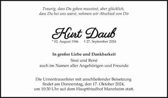 Traueranzeige von Kurt Daub von Mannheimer Morgen