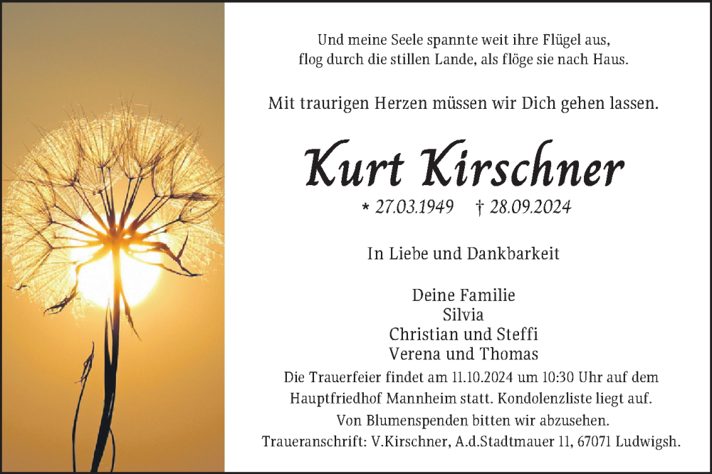  Traueranzeige für Kurt Kirschner vom 05.10.2024 aus Mannheimer Morgen