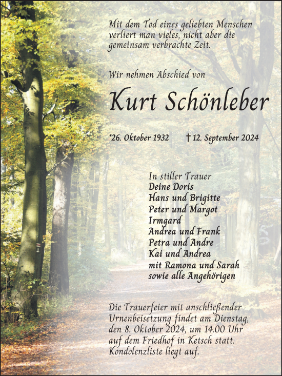 Traueranzeige von Kurt Schönleber von Schwetzinger Zeitung