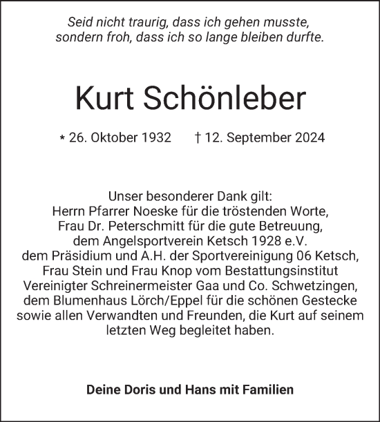 Traueranzeige von Kurt Schönleber von Schwetzinger Zeitung