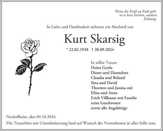 Traueranzeige von Kurt Skarsig von Schwetzinger Zeitung