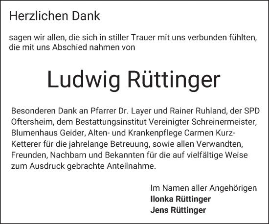 Traueranzeige von Ludwig Rüttinger von Schwetzinger Zeitung