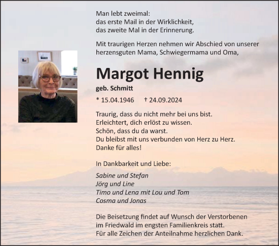 Traueranzeige von Margot Hennig von Fränkische Nachrichten