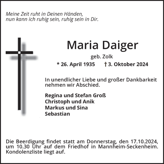 Traueranzeige von Maria Daiger von Mannheimer Morgen