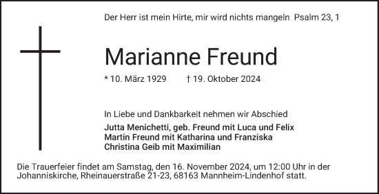 Traueranzeige von Marianne Freund von Mannheimer Morgen