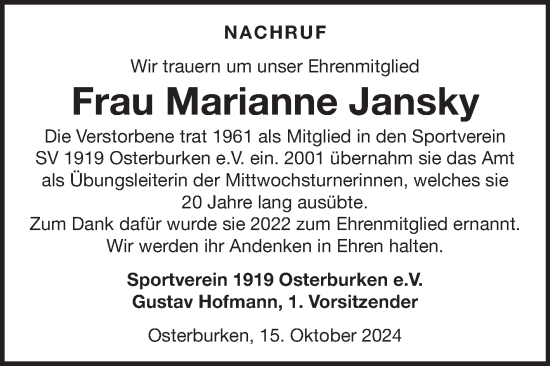 Traueranzeige von Marianne Jansky von Fränkische Nachrichten