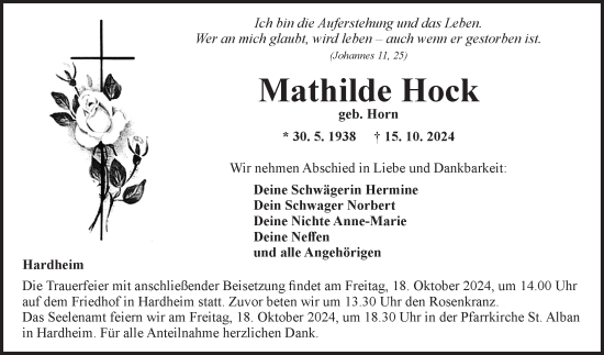 Traueranzeige von Mathilde Hock von Fränkische Nachrichten