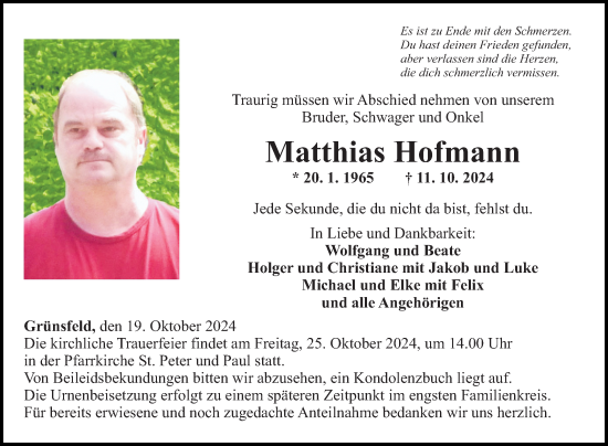 Traueranzeige von Matthias Hofmann von Fränkische Nachrichten