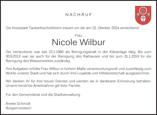 Traueranzeige von Nicole Wilbur von Fränkische Nachrichten