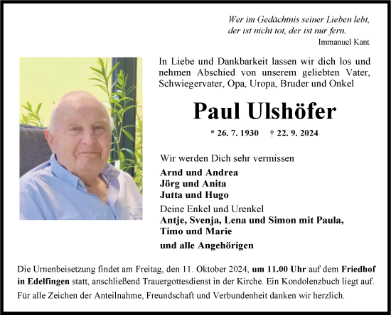 Traueranzeige von Paul Ulshöfer von Fränkische Nachrichten