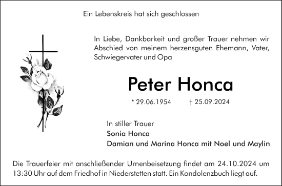 Traueranzeige von Peter Honca von Fränkische Nachrichten