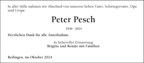 Traueranzeige von Peter Pesch von Schwetzinger Zeitung