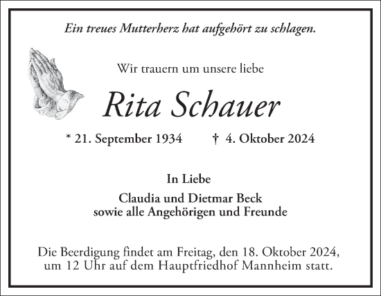 Traueranzeige von Rita Schauer von Mannheimer Morgen