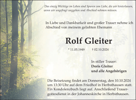 Traueranzeige von Rolf Gleiter von Fränkische Nachrichten