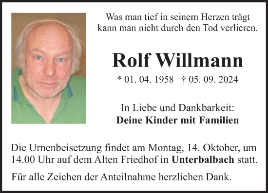 Traueranzeige von Rolf Willmann von Fränkische Nachrichten