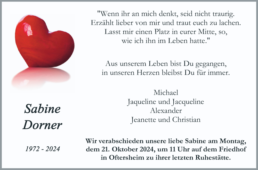  Traueranzeige für Sabine Dorner vom 16.10.2024 aus Schwetzinger Zeitung