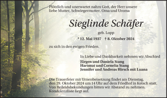 Traueranzeige von Sieglinde Schäfer von Schwetzinger Zeitung