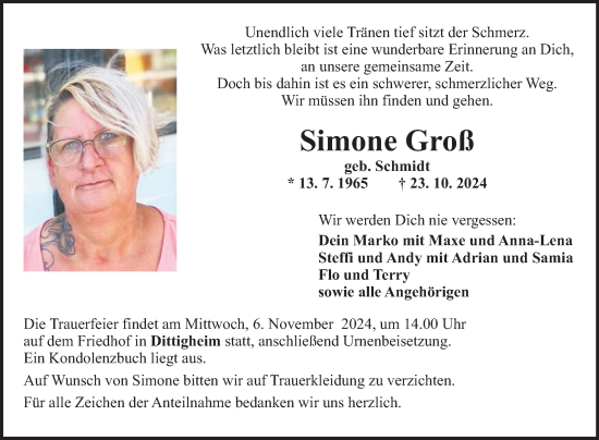 Traueranzeige von Simone Groß von Fränkische Nachrichten