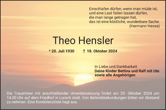 Traueranzeige von Theo Hensler von Bergsträßer Anzeiger