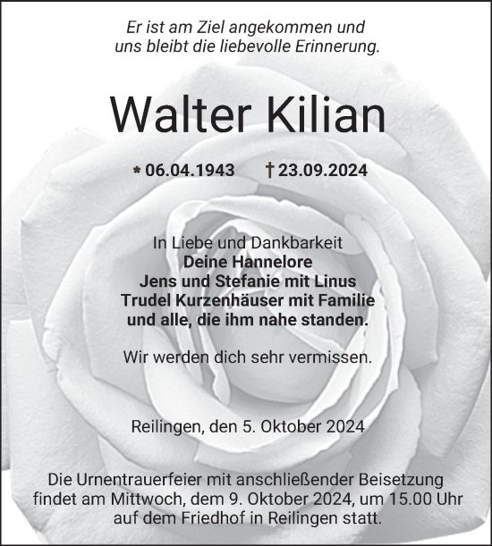 Traueranzeige von Walter Kilian von Schwetzinger Zeitung