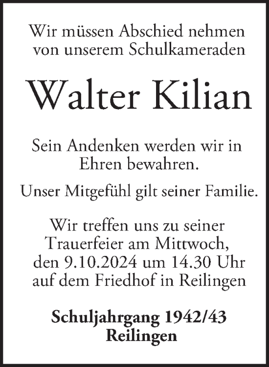 Traueranzeige von Walter Kilian von Schwetzinger Zeitung