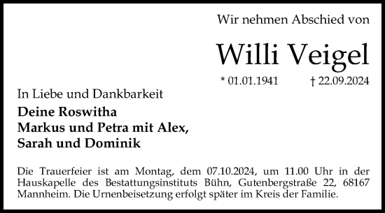 Traueranzeige von Willi Veigel von Mannheimer Morgen