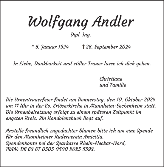 Traueranzeige von Wolfgang Andler von Mannheimer Morgen