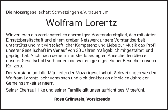 Traueranzeige von Wolfram Lorentz von Schwetzinger Zeitung