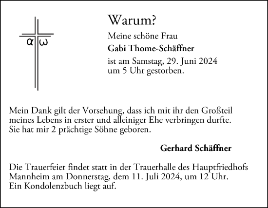 Traueranzeige von Gabi Thome-Schäffner von Mannheimer Morgen